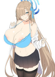 Rule 34 | 1girl, absurdres, areola slip, asuna (blue archive), blonde hair, blue archive, blue bra, blue ribbon, blush, bra, breasts, chixiao, dress shirt, hair over one eye, hair ribbon, halo, highres, huge breasts, long hair, looking at viewer, mechanical halo, mole, mole on breast, navel, pleated skirt, ribbon, shirt, skirt, smile, stomach, strap gap, thighhighs, underwear, very long hair