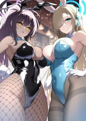 Rule 34 | 2girls, :o, absurdres, animal ears, aosaki yukina, asuna (blue archive), asymmetrical docking, bare shoulders, black hair, black leotard, blonde hair, blue archive, blue eyes, blue leotard, blue ribbon, breast press, commentary request, covered navel, cowboy shot, curvy, dark skin, detached collar, fake animal ears, fishnet pantyhose, fishnets, gloves, grey pantyhose, grin, hair ribbon, highleg, highleg leotard, highres, karin (blue archive), karin (bunny) (blue archive), leotard, long hair, looking at viewer, multiple girls, open mouth, outside border, pantyhose, playboy bunny, rabbit ears, ribbon, smile, standing, strapless, strapless leotard, thighband pantyhose, thighs, very long hair, white gloves, wide hips, yellow eyes