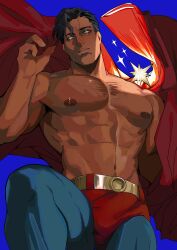 Rule 34 | 1boy, abs, bara, black hair, blue cape, blue pants, cape, unworn cape, clark kent, dc comics, doufujintianxianle, highres, holding, holding cape, holding clothes, large pectorals, male focus, muscular, muscular male, navel, nipples, pants, parted lips, pectorals, red cape, short hair, simple background, solo, superman, superman (series), topless male