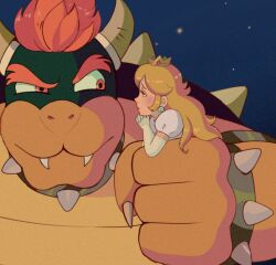 Rule 34 | 1boy, 1girl, bangle, blonde hair, blue eyes, blush, bowser, bracelet, crown, earrings, elbow gloves, fangs, fangs out, furrowed brow, gloves, highres, horns, in palm, jewelry, long hair, looking at another, mario (series), mini crown, nintendo, own hands clasped, own hands together, princess peach, puffy short sleeves, puffy sleeves, red eyes, short sleeves, sidelocks, size difference, softp3ach, spiked bracelet, spiked necklace, spiked shell, spikes, white gloves