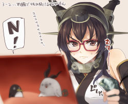 Rule 34 | 10s, 1girl, anger vein, angry, animalization, bare shoulders, bespectacled, black hair, breath, brown eyes, brown hair, can, computer, controller, crushing, elbow gloves, failure penguin, fingerless gloves, glasses, gloves, hair ornament, headgear, heavy breathing, kabocha, kabocha (monkey4), kantai collection, laptop, long hair, nagato (kancolle), personification, red-framed eyewear, red eyes, seal (animal), shimakaze (kancolle), shimakaze (seal), solo, translation request