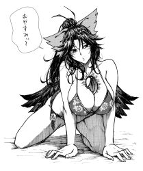 Rule 34 | 1girl, all fours, antenna hair, arm support, bare arms, bare legs, bare shoulders, bikini, bird wings, bow, breasts, cleavage, collarbone, commentary request, fingernails, floral print, full body, greyscale, hair bow, head tilt, high ponytail, huge breasts, koyubi (littlefinger1988), long hair, looking at viewer, monochrome, parted lips, ponytail, print bikini, reiuji utsuho, scar, side-tie bikini bottom, side-tie bottom, skindentation, solo, swimsuit, touhou, translation request, wings