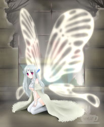 Rule 34 | 1girl, breasts, butterfly wings, cape, detached wings, fairy, highres, insect wings, large wings, mini person, minigirl, minyo, nipples, panties, purple eyes, rude (ff7), shawl, silver hair, solo, thighhighs, underwear, wings