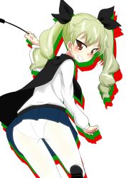 Rule 34 | 0:00, 10s, 1girl, anchovy (girls und panzer), ass, black cape, blush, cape, drill hair, from behind, girls und panzer, green hair, grin, hair ribbon, highres, long hair, looking at viewer, panties, panties under pantyhose, pantyhose, red eyes, ribbon, riding crop, school uniform, skirt, smile, solo, twin drills, twintails, underwear, white pantyhose