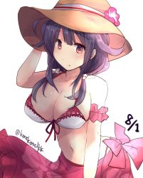 Rule 34 | 1girl, bikini, breasts, cleavage, cowboy shot, dated, front-tie top, hair flaps, hat, highres, hirune (konekonelkk), holding, holding clothes, holding hat, kantai collection, low twintails, one-hour drawing challenge, purple hair, red eyes, ryuuhou (kancolle), sarong, solo, sun hat, swimsuit, taigei (kancolle), twintails, twitter username, white background, white bikini