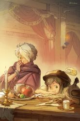 Rule 34 | 1boy, 1girl, bar (place), brown hair, cape, commentary request, dress, gloves, green eyes, hair over one eye, hat, highres, jewelry, octopath traveler, octopath traveler i, one eye closed, open mouth, scarf, short hair, simple background, smile, therion (octopath traveler), torabuzi, tressa (octopath traveler), white hair