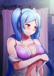 Rule 34 | .live, 1girl, absurdres, bare shoulders, black ribbon, blue hair, blurry, blurry background, blush, bra, breasts, cleavage, closed mouth, commentary request, curtains, eyebrows, forehead, hair ornament, hair ribbon, hashihiro ko, highres, large pectorals, long hair, looking away, navel, off shoulder, open clothes, open shirt, parted bangs, pectorals, purple bra, red eyes, ribbon, shirt, sidelocks, solo, split mouth, twintails, underwear, undressing, upper body, virtual youtuber, white shirt, yamato iori