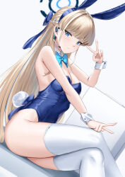 Rule 34 | 1girl, absurdres, animal ears, aqua bow, aqua bowtie, bare shoulders, blonde hair, blue archive, blue bow, blue eyes, blue halo, blue leotard, bow, bowtie, braid, breasts, cleavage, closed mouth, commentary, crossed legs, detached collar, double v, dutch angle, earpiece, expressionless, fake animal ears, fake tail, feet out of frame, fingernails, hair bow, halo, hand up, highres, leotard, long hair, looking at viewer, medium breasts, official alternate costume, rabbit ears, rabbit tail, rama (yu-light8), simple background, sitting, solo, strapless, strapless leotard, suitcase, tail, thighhighs, thighs, toki (blue archive), toki (bunny) (blue archive), v, very long hair, white background, white thighhighs, wrist cuffs