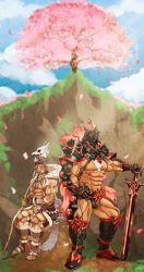 Rule 34 | abs, armor, bara, belt, biceps, black male swimwear, black swim briefs, blurry, blurry background, bodypaint, boots, cherry blossoms, chest hair, cliff, cloud, cloudy sky, collar, dark-skinned male, dark skin, day, fire, gauntlets, glowing, grass, grausummon, hand on own hip, hand on weapon, headband, helmet, highres, jewelry, large pectorals, leg armor, looking to the side, male swimwear, muscular, muscular male, navel, necklace, pectorals, red eyes, red fire, shoulder armor, shoulder pads, sitting, skirt, skull, sky, staff, surtr (housamo), swim briefs, swimsuit, sword, tangaroa (housamo), thick arms, thick thighs, thighs, tokyo houkago summoners, topless, topless male, tribal, tribal print, veins, veiny arms, weapon