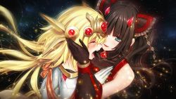 Rule 34 | 2girls, black gloves, blonde hair, blue eyes, blunt bangs, brown hair, closed eyes, closed mouth, crying, dead aegis, dutch angle, floating hair, game cg, gem, gloves, hair ornament, li canxue, lisette augereau, long hair, multiple girls, open mouth, red gemstone, red lips, smile, tears, ueda metawo, upper body, wing collar