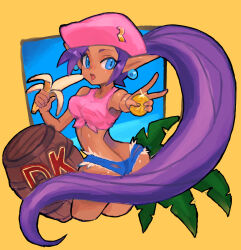 1girl ass bad_anatomy banana barrel beret blue_eyes breasts butt_crack coin cosplay crop_top cropped_legs dakusuta dark-skinned_female dark_skin denim denim_shorts dixie_kong dixie_kong_(cosplay) donkey_kong_(series) earrings eyelashes eyeshadow food front-tie_top fruit glint gold_coin hands_up hat highres holding holding_coin holding_food holding_fruit jewelry large_breasts leaf light_blush long_hair long_pointy_ears looking_at_viewer looking_back makeup micro_shorts nintendo open_mouth pink_hat pink_tank_top pointy_ears ponytail purple_hair shantae shantae_(series) shorts solo sphere_earrings tank_top torn_clothes torn_shorts twisted_torso v