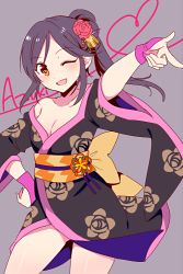 Rule 34 | 10s, 1girl, ;d, breasts, character name, contrast, cowboy shot, gloves, grey background, hair ornament, hand on own hip, idolmaster, idolmaster cinderella girls, japanese clothes, kimono, momoi azuki, no bra, off shoulder, one eye closed, open mouth, short kimono, smile, solo, wemu (ivycrown), wind, wink