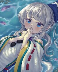 Rule 34 | 1girl, blue eyes, blue headwear, commentary, fish, grey hair, hat, highres, japanese clothes, kariginu, looking at viewer, medium hair, mononobe no futo, outdoors, own hands clasped, own hands together, pom pom (clothes), pygrenix, ribbon-trimmed sleeves, ribbon trim, tate eboshi, touhou, upper body, wide sleeves