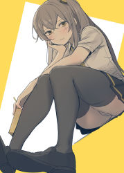 Rule 34 | 1girl, absurdres, arm support, blush, brown hair, from below, girls&#039; frontline, hand on own chin, highres, hyury, juice box, light smile, loafers, long hair, looking at viewer, one side up, panties, pantyshot, scar, scar across eye, scar on face, shoes, skirt, solo, thighhighs, thighs, ump45 (girls&#039; frontline), underwear, yellow eyes