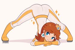 Rule 34 | 1girl, artist name, ass, biker clothes, biker daisy, bikesuit, blue eyes, bodysuit, boots, breasts, brown hair, closed mouth, cremanata, crown, flower, gloves, guilty gear, highres, jack-o&#039; challenge, mario (series), mario kart, mario kart wii, medium breasts, nintendo, princess daisy, simple background, smile, solo, top-down bottom-up