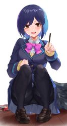 Rule 34 | 1girl, :d, absurdres, bag, black pantyhose, blue hair, blue skirt, blush, bow, bowtie, brown eyes, commentary request, food, highres, kaguya (srx61800), loafers, long sleeves, looking at viewer, mole, mole under eye, nijisanji, open mouth, panties, panties under pantyhose, pantyhose, pink bow, pleated skirt, pocky, school bag, school uniform, shizuka rin, shizuka rin (1st costume), shoes, short hair, simple background, skirt, smile, solo, squatting, thighs, underwear, virtual youtuber, white background