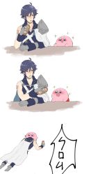 Rule 34 | 1boy, 1other, 3koma, absurdres, ahoge, armor, bad id, bad twitter id, birthmark, blue eyes, blue hair, blush, borderless panels, bread, cape, chrom (fire emblem), comic, drooling, eating, fire emblem, fire emblem awakening, food, gloves, grey gloves, hair between eyes, highres, kirby, kirby (series), looking at another, matumuraaaa, nintendo, open mouth, pants, shirt, short hair, shoulder armor, simple background, single sleeve, sitting, sparkle, speech bubble, super smash bros., translated, white background