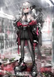 Rule 34 | 1girl, black bow, black bowtie, black bra, black footwear, black jacket, black pantyhose, black skirt, boots, bow, bowtie, bra, broken glass, closed mouth, commentary, english commentary, full body, gawako, glass, grey hair, hands on own hips, highres, jacket, long hair, long sleeves, looking at viewer, mirror, off shoulder, original, pantyhose, red eyes, reflection, see-through, see-through shirt, skirt, solo, standing, twintails, underwear