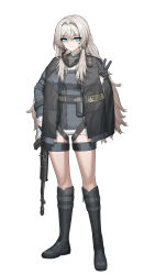 Rule 34 | 1girl, absurdres, an-94, an-94 (girls&#039; frontline), assault rifle, black footwear, black gloves, black hairband, black jacket, black shirt, blue eyes, boots, cheogtanbyeong, closed mouth, commentary, girls&#039; frontline, gloves, grey hair, gun, hairband, highres, holding, holding gun, holding weapon, jacket, light frown, long hair, long sleeves, looking at viewer, rifle, shirt, short shorts, shorts, sidelocks, simple background, solo, tactical clothes, thigh strap, v, weapon, white background, white shorts
