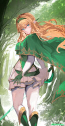 Rule 34 | 1girl, blonde hair, cape, ear covers, elf, feet out of frame, forest, gloves, green cape, green eyes, green gloves, green hairband, hairband, highres, holding, holding sword, holding weapon, looking back, nagasawa tougo, nature, original, pantyhose, pointy ears, skirt, solo, sword, tree, weapon, white pantyhose, white skirt, wind