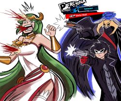 Rule 34 | 10s, 1boy, 1girl, absurdres, amamiya ren, bare shoulders, black hair, blood, blue eyes, breasts, cape, dress, gameplay mechanics, gloves, green eyes, green hair, gun, hair ornament, highres, jewelry, kid icarus, long hair, looking at viewer, mask, necklace, nintendo, open mouth, palutena, pants, persona, persona 5, plaid, plaid pants, red gloves, satanel, scruffyturtles, short hair, smile, spoilers, super smash bros., thighhighs, tiara, very long hair, weapon