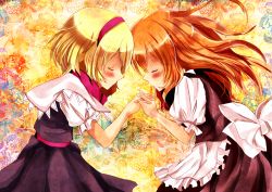 Rule 34 | 2girls, 2gqw2gqw, alice margatroid, asymmetry, blonde hair, blush, closed eyes, face-to-face, female focus, forehead-to-forehead, hairband, holding hands, heads together, highres, interlocked fingers, kirisame marisa, kurekore, multiple girls, profile, takashi (calla), touhou