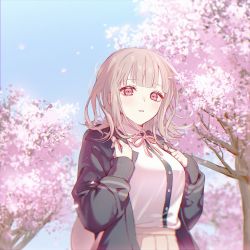 Rule 34 | 1girl, backpack, bag, black jacket, blush, breasts, brown skirt, cherry blossoms, collared shirt, commentary, danganronpa (series), danganronpa 2: goodbye despair, day, dress shirt, flipped hair, flower, hair ornament, hairclip, hands up, highres, io (sinking=carousel), jacket, large breasts, light brown hair, looking at viewer, medium breasts, medium hair, nanami chiaki, neck ribbon, open clothes, open jacket, outdoors, pink eyes, pink ribbon, pleated skirt, ribbon, shirt, shirt tucked in, skirt, solo, symbol-only commentary, upper body, white shirt, wisteria
