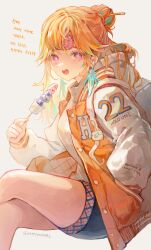 Rule 34 | absurdres, backpack, bag, baseball jersey, candy, crossed legs, denim, denim shorts, earbuds, earphones, earrings, english text, feather earrings, feathers, food, from side, green hair, hair bun, happyongdal, highres, holding, holding candy, holding food, hololive, hololive english, hood, hoodie, jacket, jersey, jewelry, korean text, long sleeves, looking at viewer, multicolored hair, open clothes, open jacket, open mouth, orange hair, orange jacket, pink eyes, shorts, signature, sitting, streaked hair, takanashi kiara, tanghulu, text print, thighs, translation request, virtual youtuber, white background