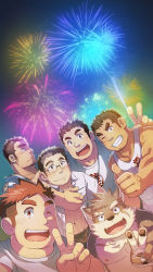 Rule 34 | 6+boys, :d, animal ears, bara, bare pectorals, belly, black hair, blush, brown hair, chest hair, dog boy, dog ears, facial hair, fat, fat man, fireworks, forked eyebrows, furry, furry male, glasses, group picture, highres, hood, houzouin oniwaka, long sideburns, male focus, protagonist 3 (housamo), moritaka (housamo), motoori shiro, multiple boys, muscular, muscular male, navel, nipples, open clothes, open mouth, open shirt, orange hair, pectorals, pout, rimless eyewear, shirt, short hair, sideburns, smile, stomach, stubble, suv (suv032), takabushi kengo, tank top, thick eyebrows, thumbs up, tokyo houkago summoners, toned, toned male, undercut, v, white shirt, white tank top, yakushimaru ryota