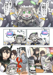 Rule 34 | 10s, 1boy, 2girls, :d, absurdres, abyssal ship, admiral (kancolle), black hair, cape, comic, crane game, dodging, drooling, failure penguin, green eyes, headgear, highres, kantai collection, kouba nobu, long hair, miss cloud, multiple girls, nagato (kancolle), o o, open mouth, silver hair, smile, staff, translation request, wo-class aircraft carrier