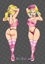 Rule 34 | 1girl, absurdres, adjusting hair, ass, black background, blonde hair, blue eyes, breasts, cameltoe, cleavage, cleft of venus, collarbone, from behind, full body, highres, large breasts, mario (series), mouth hold, multiple views, navel, nintendo, one eye closed, panties, pink tank top, pink thighhighs, ponytail, princess peach, red panties, sasa tseng, sideboob, simple background, sleep mask, solo, standing, striped clothes, striped thighhighs, super mario bros. 1, tank top, thighhighs, thong, underwear, watermark