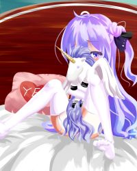Rule 34 | 1girl, ahoge, azur lane, bed frame, blush, feet, female focus, hair ribbon, heart, highres, horns, knees up, long hair, looking at viewer, hugging object, on bed, pillow, purple eyes, purple hair, ribbon, roh (rohr t s), single horn, sitting, solo, stuffed animal, stuffed toy, stuffed unicorn, thighhighs, unicorn (azur lane), white thighhighs