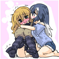 Rule 34 | 2girls, @ @, arms around neck, bags under eyes, blonde hair, blue hair, blue shirt, blue shorts, blush, breasts, cutoffs, drooling, ear licking, feet, female focus, flustered, full-face blush, large breasts, licking, medium breasts, multicolored hair, multiple girls, original, seki (himo no furenzu), shirt, short shorts, shorts, sitting, skirt, striped clothes, striped thighhighs, thighhighs, two-tone hair, wavy mouth, white hair, yuri
