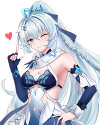 Rule 34 | 1girl, ;), absurdres, armpits, asymmetrical gloves, bare shoulders, blue eyes, blue gloves, braid, breasts, chinese commentary, cleavage, closed mouth, dress, elbow gloves, fingerless gloves, gloves, grey hair, hair ornament, hand on own hip, heart, highres, honkai (series), honkai impact 3rd, index finger raised, long hair, looking at viewer, medium breasts, one eye closed, ponytail, shigure kira, simple background, sleeveless, sleeveless dress, smile, solo, white background, white dress, ying ling