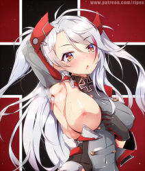 Rule 34 | 1girl, :o, antenna hair, arm behind head, armpits, azur lane, blush, breasts, clothes pull, clothes tug, covered erect nipples, covered navel, cross, gloves, hair between eyes, head tilt, headgear, highres, iron cross, large breasts, long hair, looking at viewer, mole, mole on breast, multicolored hair, nipples, no bra, one breast out, open mouth, prinz eugen (azur lane), red hair, ripe.c, sidelocks, silver hair, solo, steam, streaked hair, sweat, two side up, very long hair