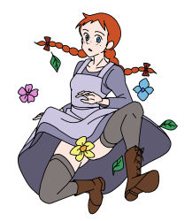 Rule 34 | 1girl, anne of green gables, anne shirley, blue dress, blue eyes, boots, bow, braid, dress, female focus, flower, freckles, full body, hair bow, hair ornament, highres, leaf, leggings, looking at viewer, no panties, omosiro, red hair, simple background, solo, spread legs, twin braids, white background, world masterpiece theater