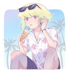 Rule 34 | 1boy, black shorts, black wristband, blonde hair, blue background, border, commentary, earrings, eyewear on head, floral print, food, tucking hair, hawaiian shirt, highres, holding, holding food, holding ice cream, ice cream, ice cream cone, jewelry, knees, knees up, kome 1022, licking, lio fotia, male focus, mint chocolate, official alternate costume, outdoors, palm tree, promare, purple eyes, shirt, short hair, shorts, sitting, solo, sunglasses, sweat, symbol-only commentary, tongue, tongue out, trap, tree, triangle earrings, white border, white shirt