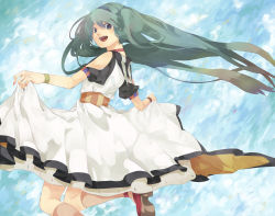 1girl bad_id bad_pixiv_id bracelet clothes_lift cloud dress female_focus hatsune_miku highres jewelry kneehighs long_hair looking_back nail_polish oomsz open_mouth skirt skirt_hold skirt_lift sky socks solo twintails very_long_hair vocaloid