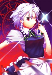 Rule 34 | &gt;:(, 1girl, apron, blue dress, braid, breasts, commentary request, cowboy shot, danmaku, dress, frilled apron, frills, glint, gradient background, green ribbon, hair ribbon, hand up, holding, holding knife, holding weapon, izayoi sakuya, kaiza (rider000), knife, left-handed, looking at viewer, magic circle, maid, maid apron, maid headdress, medium breasts, neck ribbon, petticoat, puffy short sleeves, puffy sleeves, purple background, red background, red eyes, ribbon, roman numeral, shirt, short hair, short sleeves, silver hair, solo, touhou, twin braids, v-shaped eyebrows, waist apron, weapon, white apron, white shirt