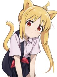 Rule 34 | 1girl, absurdres, animal ears, blonde hair, blue skirt, bocchi the rock!, bow, brown eyes, cat ears, cat tail, closed mouth, collared shirt, fankupl, highres, ijichi nijika, long hair, looking at viewer, pleated skirt, red bow, school uniform, shirt, side ponytail, sidelocks, simple background, skirt, solo, tail, white background, white shirt