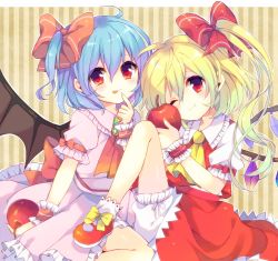Rule 34 | 2girls, alternate hairstyle, apple, ascot, bad id, bad pixiv id, bat wings, blonde hair, blood, blue hair, bow, brooch, dress, flandre scarlet, food, fruit, hair bow, jewelry, licking lips, looking at viewer, multiple girls, no headwear, no headwear, one eye closed, one side up, pink dress, poooka, puffy sleeves, red eyes, remilia scarlet, sash, shirt, short sleeves, siblings, side ponytail, sisters, skirt, skirt set, smile, striped, striped background, tongue, tongue out, touhou, vertical stripes, vest, wings, wink, wrist cuffs