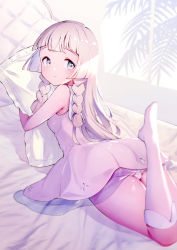Rule 34 | 1girl, absurdres, ass, bare arms, blonde hair, blunt bangs, blush, braid, closed mouth, commentary request, creatures (company), dress, game freak, green eyes, highres, hugging object, kneehighs, lillie (pokemon), long hair, looking back, lying, miya9, nintendo, on bed, on stomach, panties, pillow, pillow hug, pokemon, pokemon sm, see-through, shiny skin, sleeveless, sleeveless dress, socks, solo, sundress, twin braids, underwear, white dress, white panties, white socks