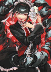 Rule 34 | 1girl, absurdres, black hair, black jacket, black skirt, blunt bangs, card, celestia ludenberg, center frills, commentary request, danganronpa: trigger happy havoc, danganronpa (series), drill hair, earrings, finger to mouth, fingernails, frilled skirt, frills, gothic lolita, highres, holding, holding card, index finger raised, jacket, jewelry, kado 51, layered skirt, lolita fashion, long fingernails, long hair, nail polish, neck ribbon, necktie, open clothes, open jacket, playing card, print necktie, red background, red eyes, red lips, red necktie, ribbon, skirt, smile, solo, teeth, twin drills, twintails