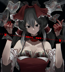 Rule 34 | 1girl, absurdres, banknote, black background, black eyes, black hair, blood, blood on hands, bone, bow, breasts, closed mouth, commentary request, cookie (touhou), cut-here line, detached sleeves, dress, expressionless, frilled bow, frilled hair tubes, frills, guro, hair between eyes, hair bow, hair tubes, hakurei reimu, highres, large breasts, long hair, looking at viewer, money, odoro (nicoseiga81184094), red bow, red dress, ribbon-trimmed sleeves, ribbon trim, severed hand, severed hands, severed head, sidelocks, simple background, sleeveless, sleeveless dress, slit throat, solo, spaghetti strap, touhou, tucked money, upper body, white sleeves, wide sleeves, yen, yuyusu (cookie)