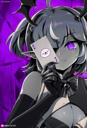 Rule 34 | 1girl, absurdres, ahoge, artist logo, artist name, bow, bowtie, breasts, camila (vtuber), card, cleavage, cleavage cutout, closed mouth, clothing cutout, elbow gloves, facial mark, gloves, greyscale with colored background, head wings, heart, heart facial mark, highres, holding, holding card, indie virtual youtuber, jack (playing card), jack of diamonds, knightfang, medium breasts, multicolored hair, playing card, pointy ears, purple eyes, solo, spot color, streaked hair, striped bow, striped bowtie, striped clothes, twitter username, upper body, virtual youtuber, wings