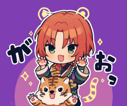 Rule 34 | 1boy, :3, amagi hana, animal, blush, chibi, claw pose, drawn ears, drawn tail, ensemble stars!, fang, green eyes, japanese clothes, long sleeves, male focus, open mouth, orange hair, parted bangs, purple background, short hair, smile, solo, sparkle, tiger, translation request, tsukinaga leo, wristband