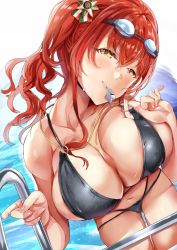 Rule 34 | 1girl, ahoge, alternate costume, azur lane, bikini, black bikini, blush, breasts, cleavage, climbing, collarbone, day, goggles, goggles on head, hair ornament, head tilt, himuro shunsuke, large breasts, long hair, looking at viewer, mouth hold, navel, o-ring, o-ring bikini, outdoors, poolside, red hair, side ponytail, skindentation, smile, solo, swimsuit, wet, zara (azur lane), zara (poolside coincidence) (azur lane)