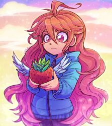 Rule 34 | 1girl, ahoge, backpack, bag, blue jacket, celeste (video game), coat, food, fruit, jacket, linterteatime, long hair, long sleeves, madeline (celeste), orange hair, pants, red eyes, red hair, solo, strawberry, upper body, winter clothes, winter coat