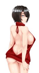 Rule 34 | 1girl, ass, backless outfit, bare back, bare shoulders, black hair, blue eyes, blush, breasts, butt crack, curvy, hair over one eye, halterneck, highres, huge breasts, looking at viewer, meme attire, naked sweater, open mouth, original, parted lips, red sweater, ribbed sweater, saya (twrlare), short hair, sideboob, solo, sweater, turtleneck, turtleneck sweater, twrlare, upper body, virgin killer sweater, white background, wide hips