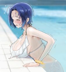 Rule 34 | 1girl, ahoge, bikini, blue hair, blurry, blurry background, blush, bracelet, breast rest, breasts, cleavage, closed eyes, commentary, cowboy shot, from side, halterneck, highres, hitodama (madatohi), idolmaster, idolmaster (classic), jewelry, large breasts, miura azusa, necklace, open mouth, parted bangs, partially submerged, pool, short hair, side-tie bikini bottom, solo, string bikini, sweatdrop, swimsuit, trembling, wet, white bikini